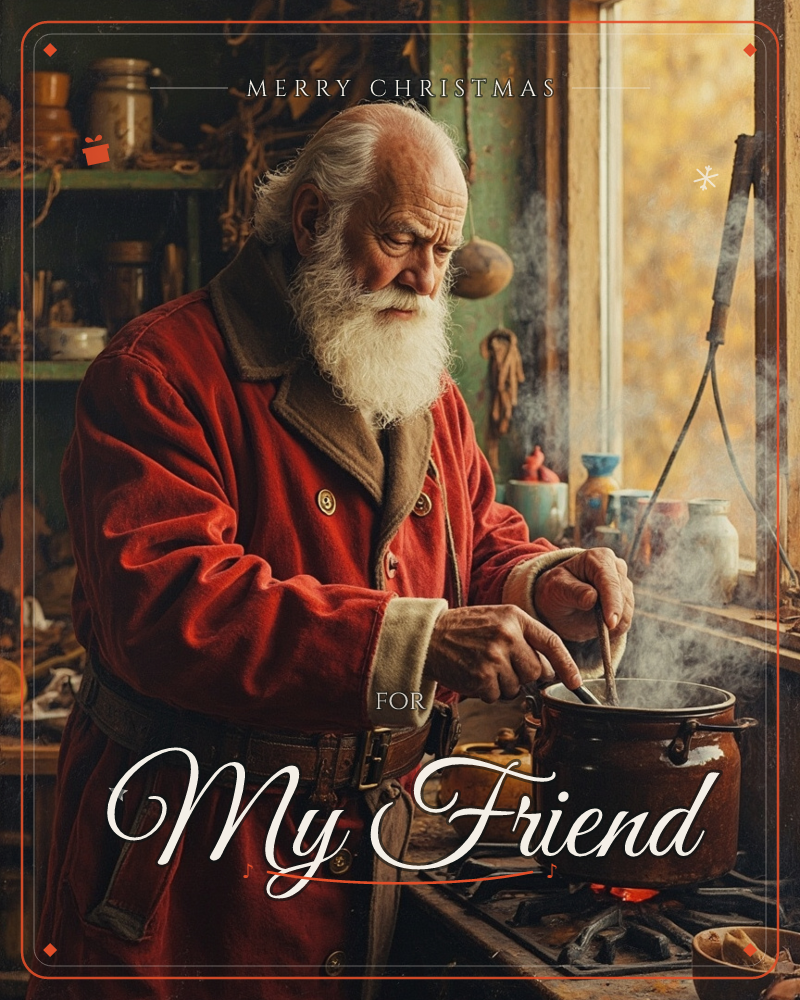 An old man with a long white beard and a red coat stands stirring a steaming pot on a small stove in a cluttered, rustic kitchen, a christmas e-card design