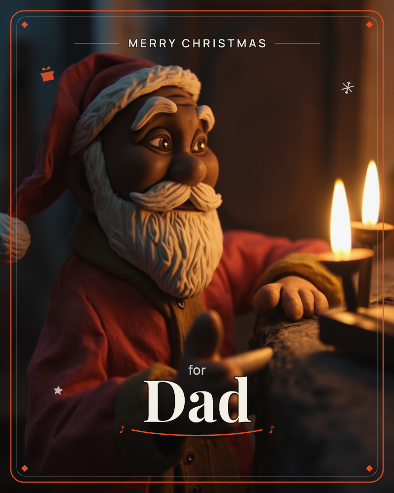 A carved wooden Santa figure leans on a stone ledge beside two small flickering candles, his white beard and red coat glowing warm against the deep…, a christmas e-card design