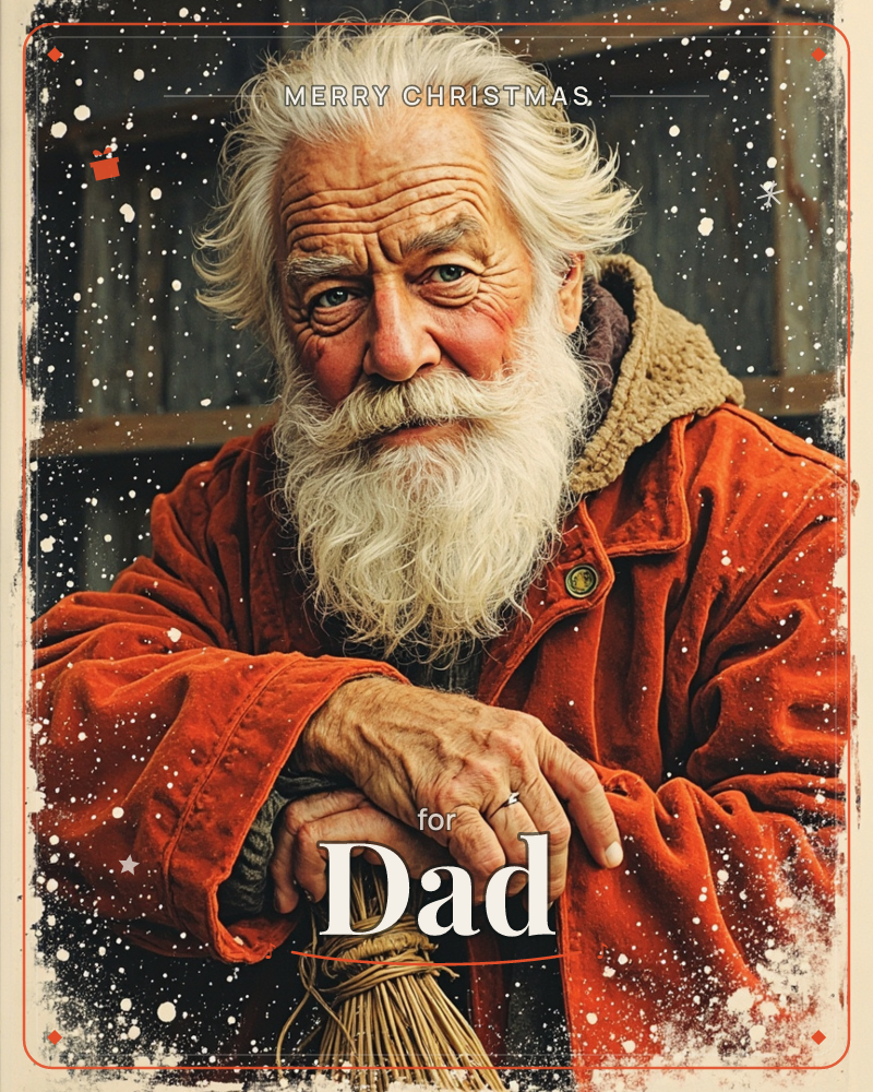 A weathered older man with a full white beard and windswept hair leans on a straw broom, wearing a heavy rust-red coat with a sheepskin collar, a christmas e-card design