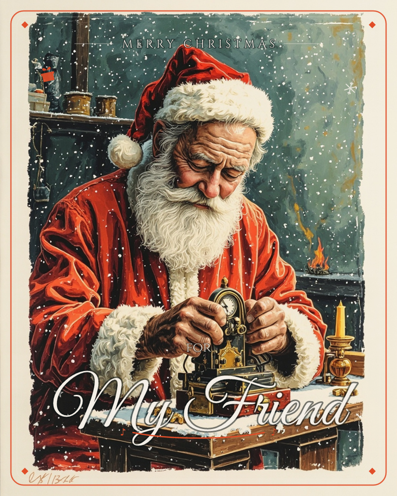 Santa Claus leans over a workbench in his red suit, carefully winding a small brass clock with a lit candle beside him, a christmas e-card design