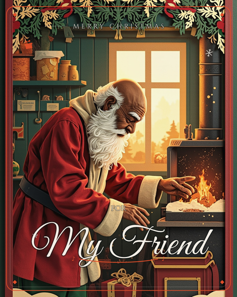 Santa leans toward a glowing wood stove inside a cozy cabin, warming his hands as golden light pours through a frosted window behind him, a christmas e-card design