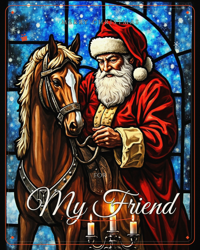 A stained-glass style panel shows a robed, white-bearded man in a fur-trimmed red hood standing beside a chestnut horse, its bridle glinting with metal…, a christmas e-card design