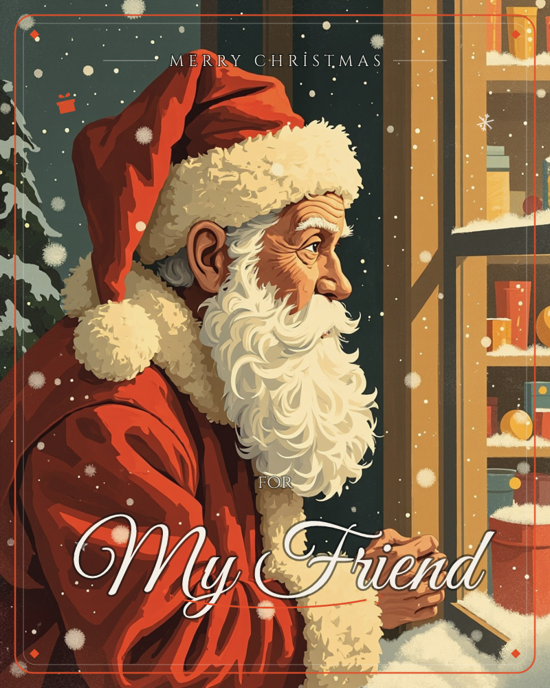 Santa is shown in close profile, his red coat and thick white beard dusted with falling snow as he peers into a lit window stacked with wrapped gifts…, a christmas e-card design