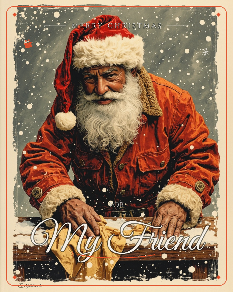 A weathered Santa leans over a wooden ledge, wiping it down with a golden cloth as snow falls against a muted grey-green sky, a christmas e-card design