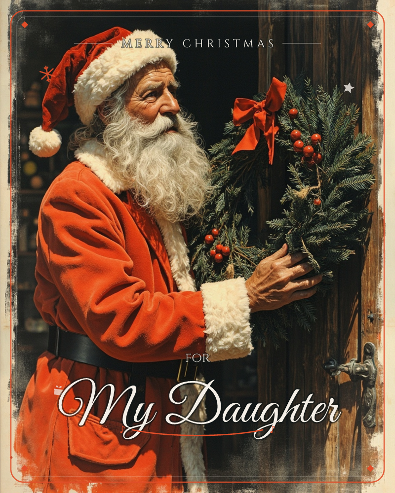 An older man in a red Santa suit and fur-trimmed cap hangs a fresh pine wreath tied with a red bow on a rustic wooden door, a christmas e-card design