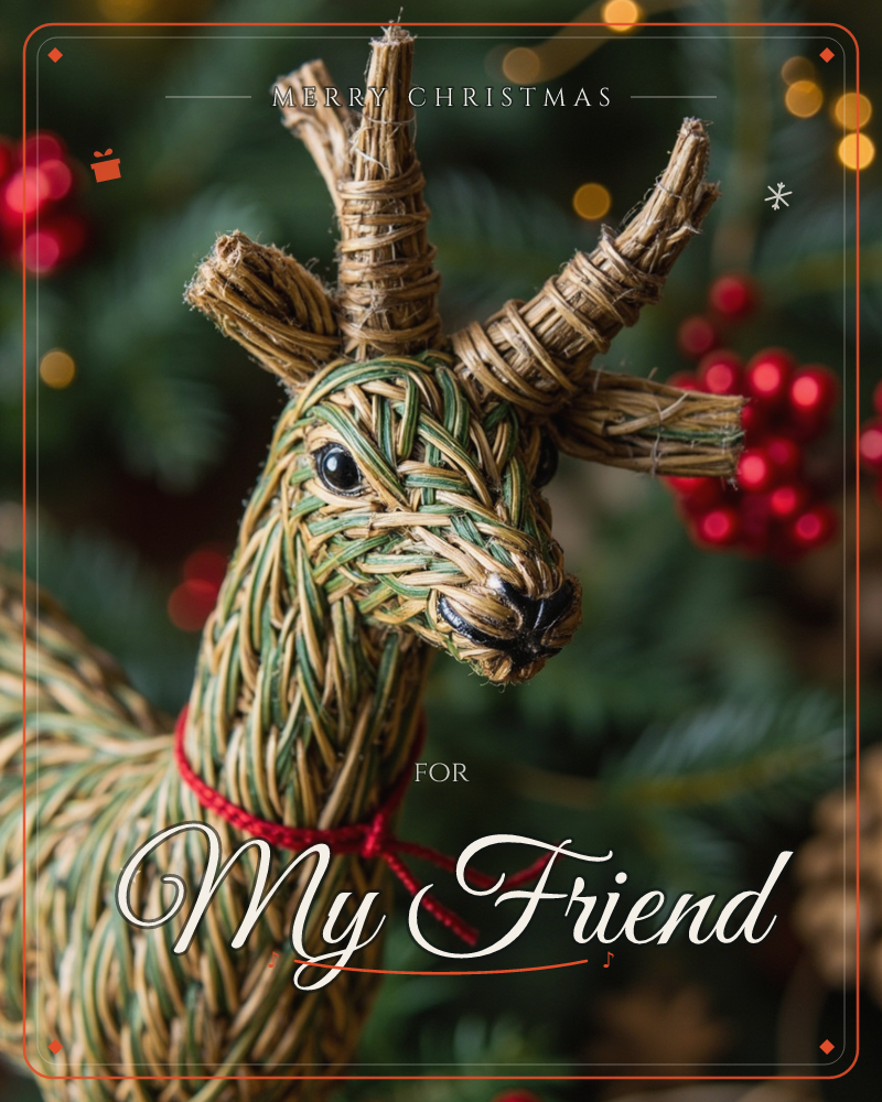 A close-up of a woven wicker reindeer ornament, its body and antlers made from twisted straw and rattan, with a thin red thread tied at its neck, a christmas e-card design