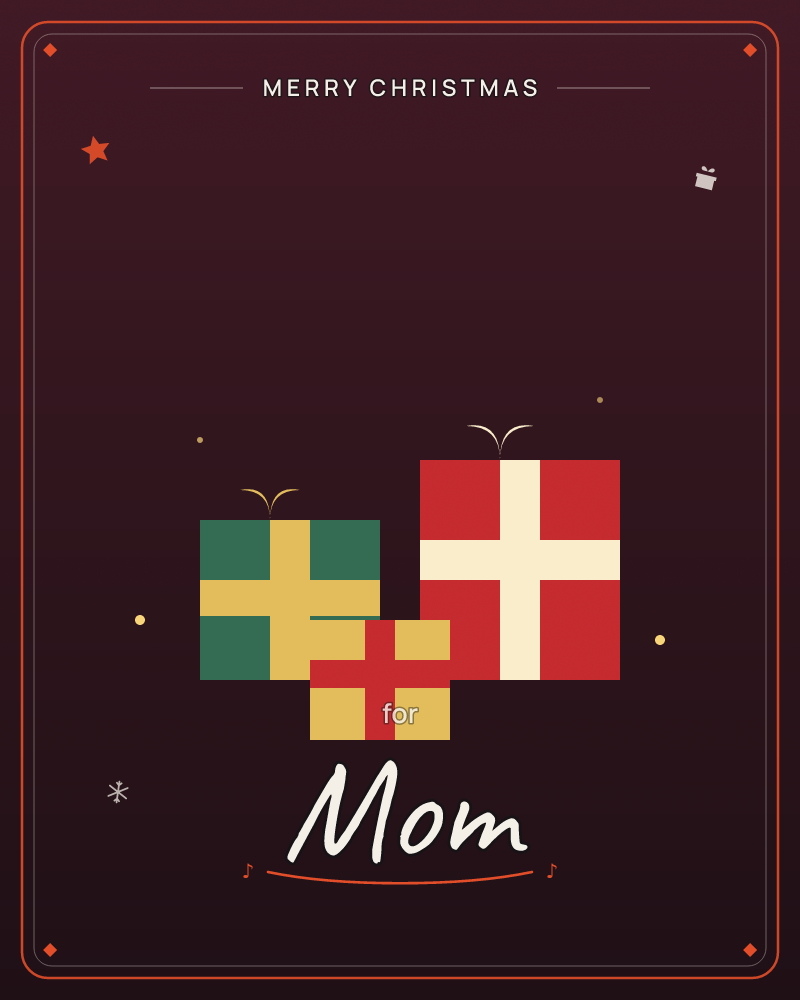 A deep maroon background sets off three flat-illustrated gift boxes wrapped in cream ribbon crosses, one green, one red, one small gold-and-red box…, a christmas e-card design by @DittyCityTeam