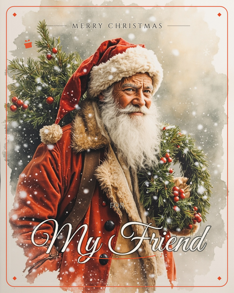 A weathered Santa figure in a fur-trimmed red coat carries an evergreen wreath studded with red berries, snow drifting around him against a soft…, a christmas e-card design