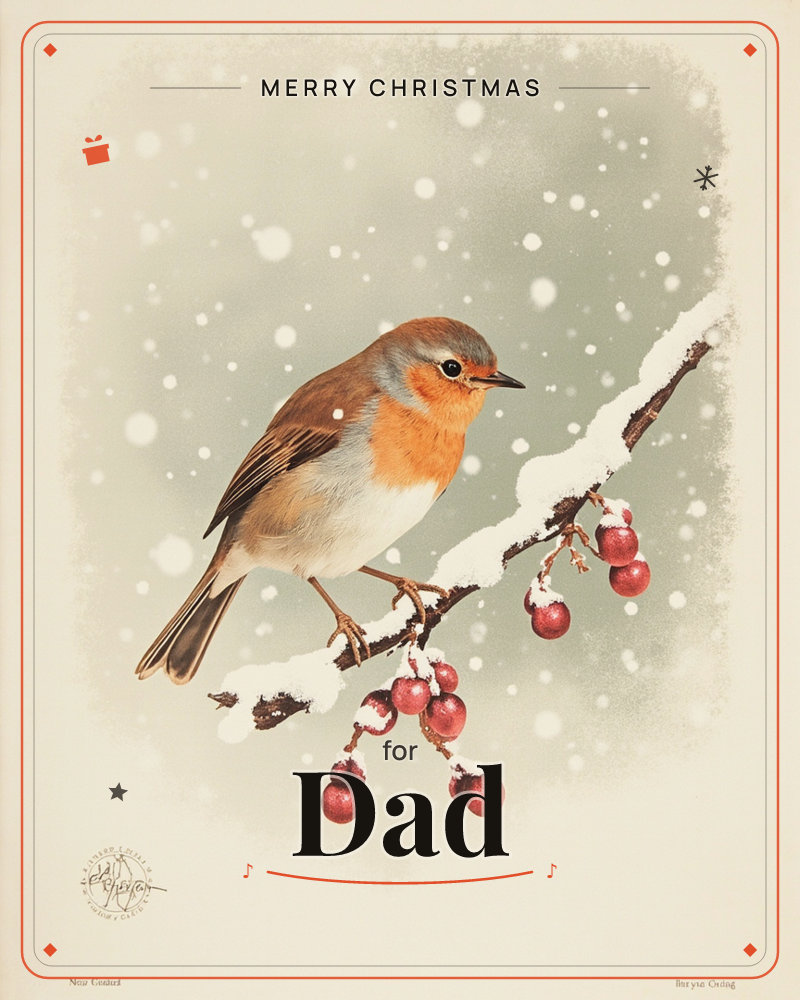 A robin with an orange breast perches on a snow-dusted branch hung with clusters of red winter berries, its feathers softly fluffed against the cold, a christmas e-card design