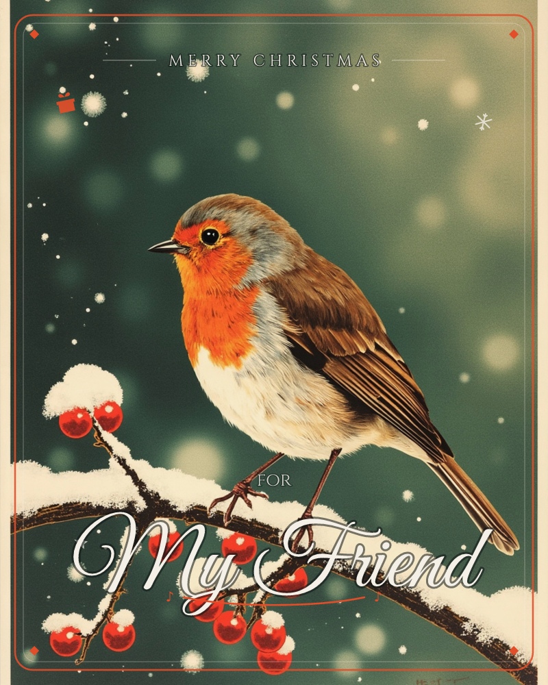 A robin with a bright orange breast perches on a snow-dusted branch strung with clusters of red berries, a christmas e-card design