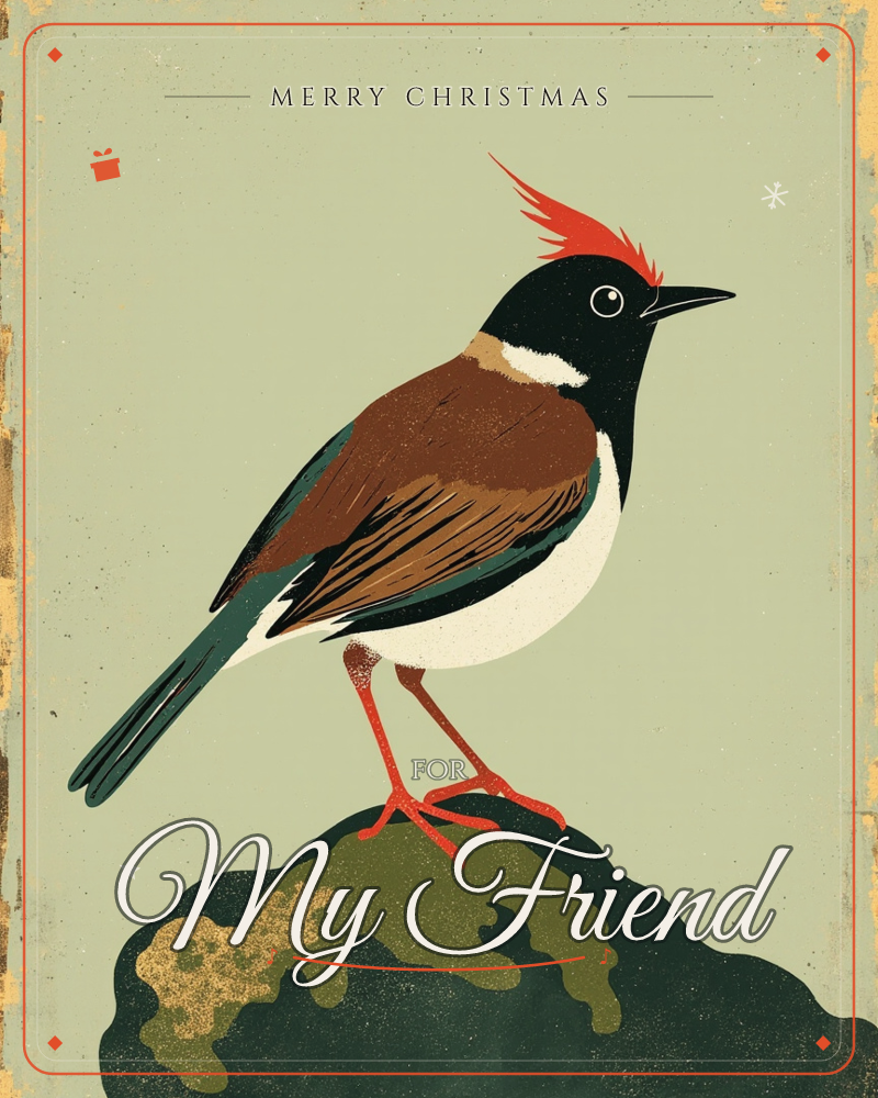 A stylised bird with a fiery red crest, black head, warm brown wings and a teal-green tail perches on a dark mossy rock, set against a flat sage-green…, a christmas e-card design