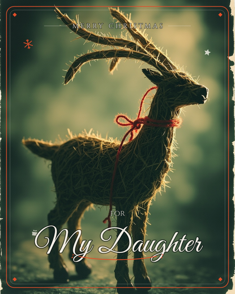 A small reindeer figure woven from straw and twine stands in profile against a moody, dark green backdrop, its wiry antlers catching a warm rim light, a christmas e-card design