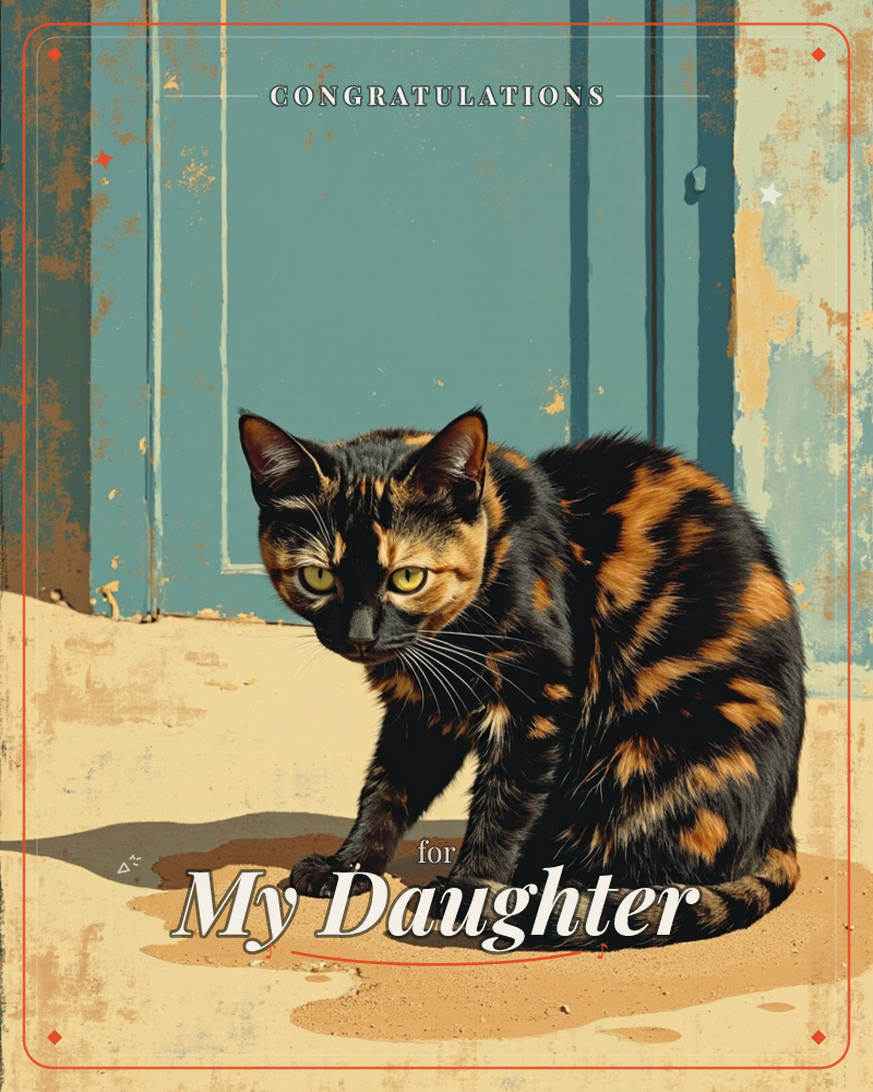 A tortoiseshell cat sits low on sun-warmed sandy ground, caught mid-step with one paw raised, glancing back over its shoulder, a congratulations e-card design