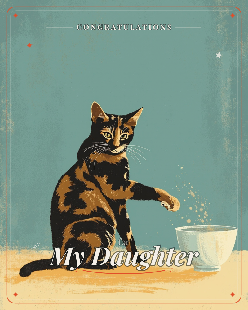 A tortoiseshell cat sits primly on a plain tabletop, one paw poised mid-swipe as it flicks something out of a pale ceramic bowl, a congratulations e-card design
