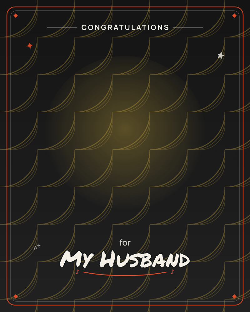 A dark card covered edge to edge with a repeating scale-like pattern, each shape traced with fine golden curved lines on a deep charcoal-green ground, a congratulations e-card design by @DittyCityTeam