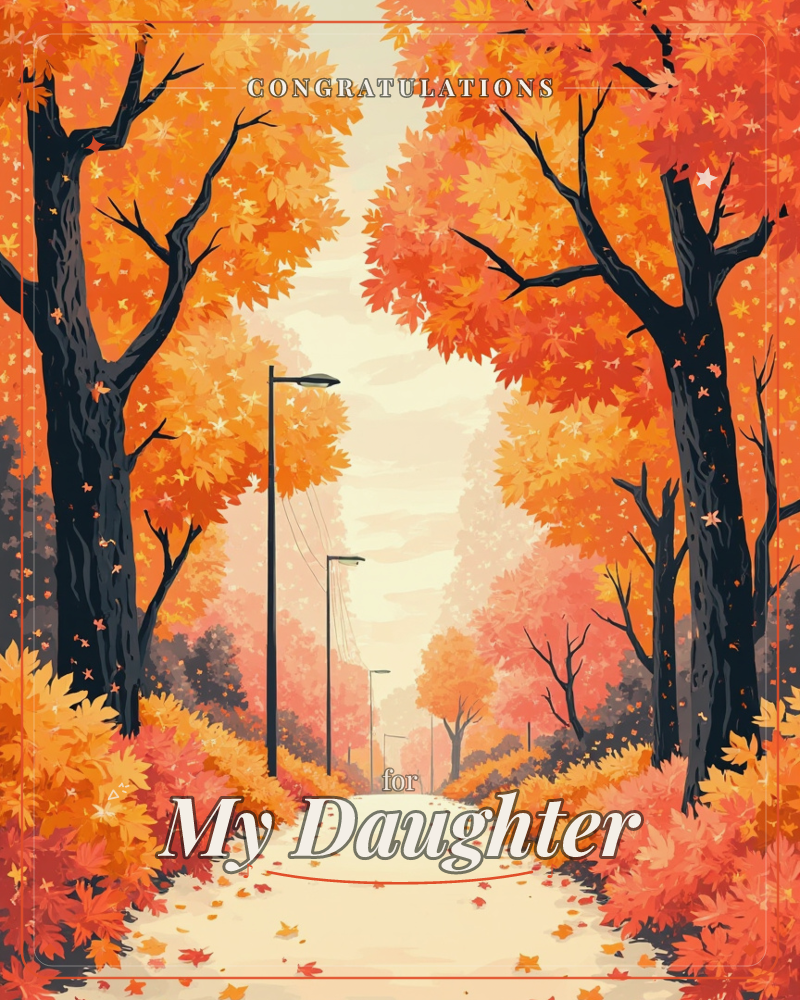 A quiet park path stretches into a pale, misty distance, framed by tall trees whose branches meet overhead in a canopy of fiery orange and red leaves, a congratulations e-card design