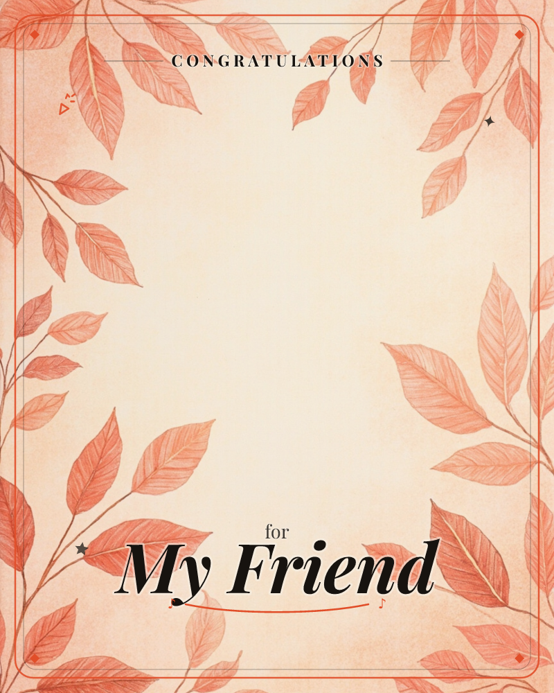 Sketched leafy branches in warm coral and terracotta tones frame all four corners of a cream, softly aged page, leaving the center open and empty, a congratulations e-card design