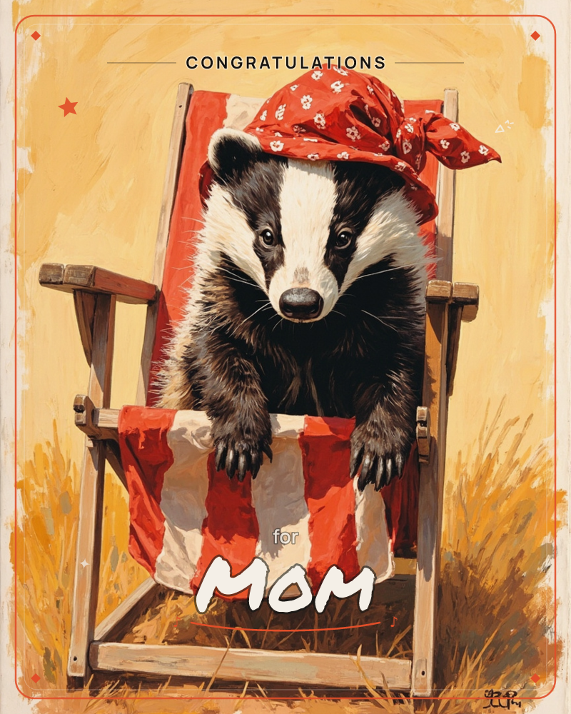 A badger lounges in a red-and-white striped deckchair, paws draped over the wooden armrests, wearing a red floral bandana knotted over its head like a…, a congratulations e-card design