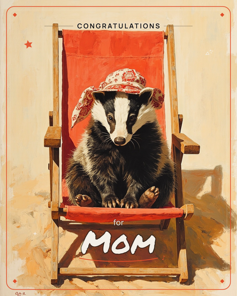 A badger sits upright in a wooden deckchair with a coral-red canvas seat, wearing a floppy floral sunhat tilted over its brow, a congratulations e-card design