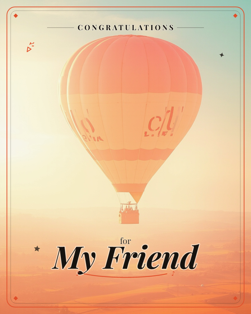 A hot air balloon drifts high above a patchwork of fields, its basket carrying small silhouetted figures against a hazy sunrise sky, a congratulations e-card design