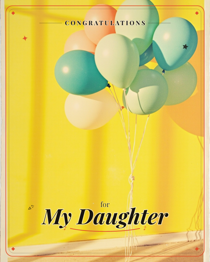 A cluster of pastel balloons in mint, teal, peach and cream floats against a bright yellow wall, their strings gathered and knotted together near the…, a congratulations e-card design