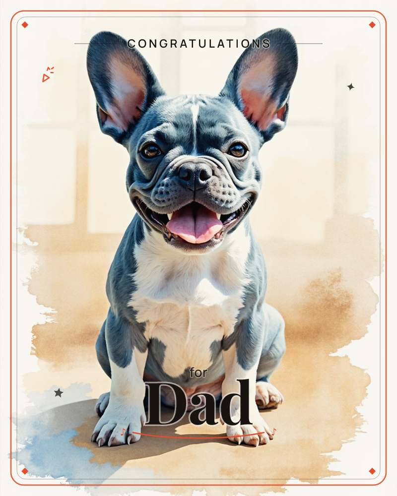 A French bulldog sits upright with ears pricked and mouth open in a grin, painted in soft watercolour washes against a warm sunlit interior with pale…, a congratulations e-card design