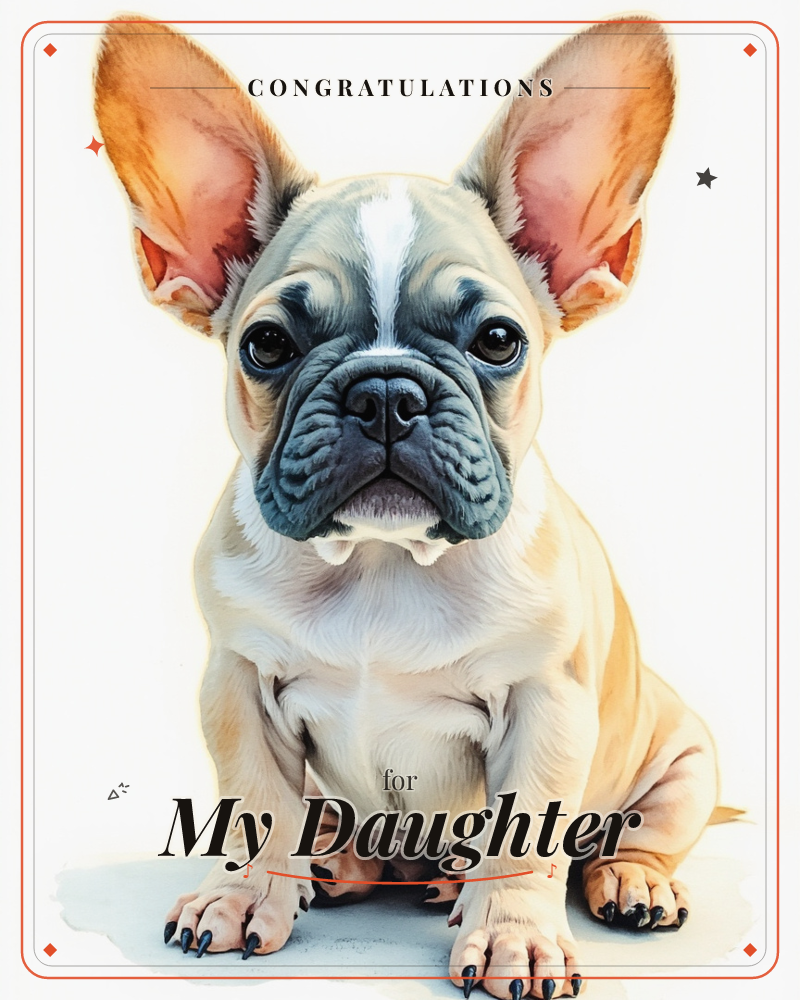 A French bulldog puppy sits front and centre, oversized ears standing straight up and dark round eyes fixed on the viewer, a congratulations e-card design