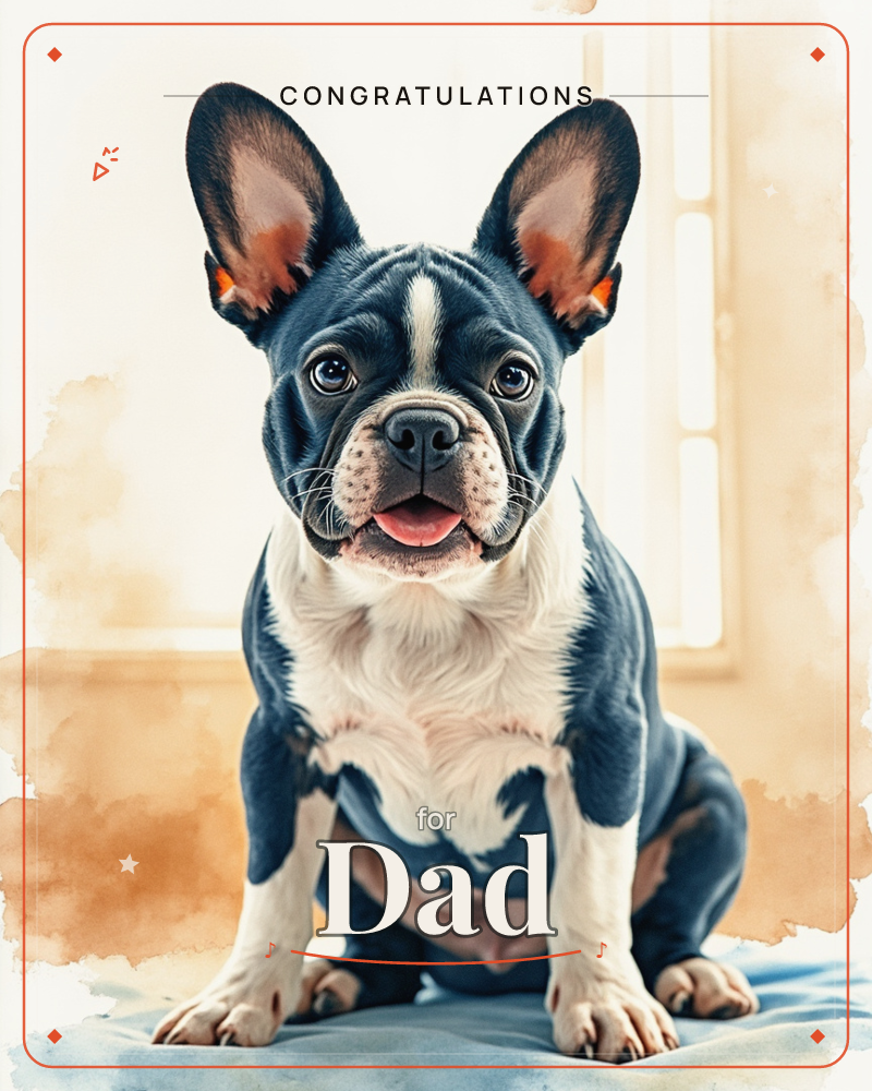 A French Bulldog puppy sits upright on a soft blue blanket, big bat ears alert and mouth open in a happy pant, bathed in warm sunlight streaming…, a congratulations e-card design