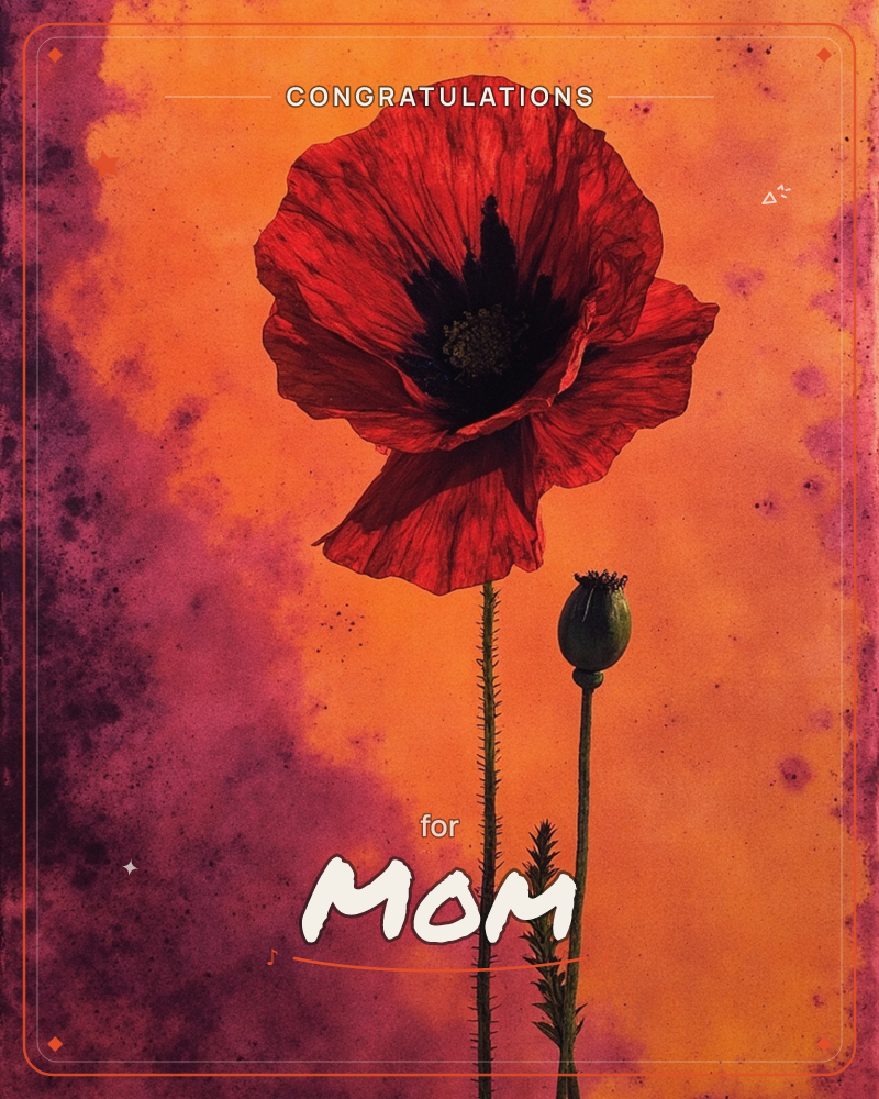 A single red poppy stands in full bloom beside its smaller seed pod, both rising on slender stems against a glowing orange backdrop that bleeds into…, a congratulations e-card design
