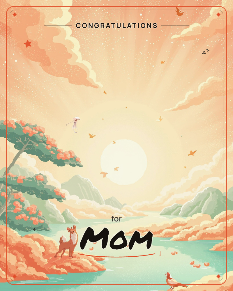A glowing sun rises over a winding turquoise river, its light fanning out through peach-toned clouds and mountains, a congratulations e-card design