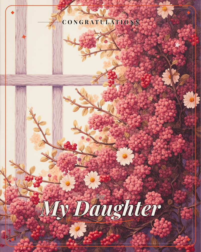 Clusters of pink blossom and small red berries spill across a lavender-grey trellis window, with a few white daisies scattered among the branches, a congratulations e-card design