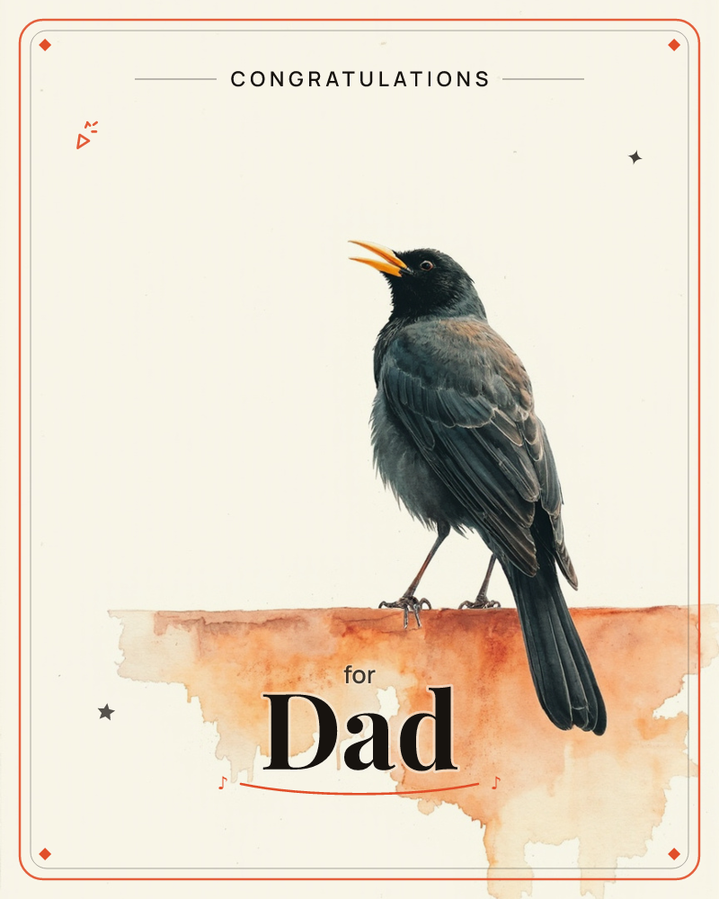 A blackbird stands in profile on a rough terracotta-coloured ledge, head tipped up and beak open mid-song, a congratulations e-card design