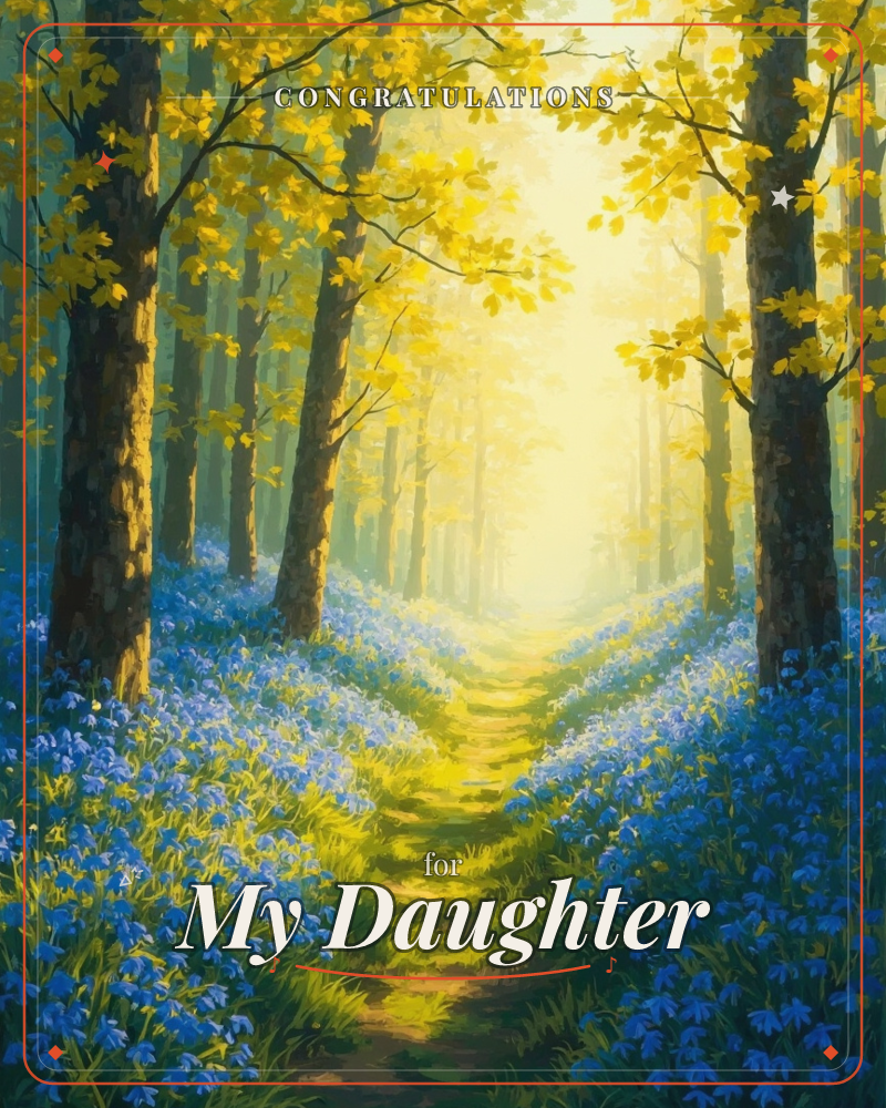 A narrow woodland path cuts through drifts of bluebells, with golden-leaved trees arching overhead and sunlight pooling in the distance where the trail…, a congratulations e-card design