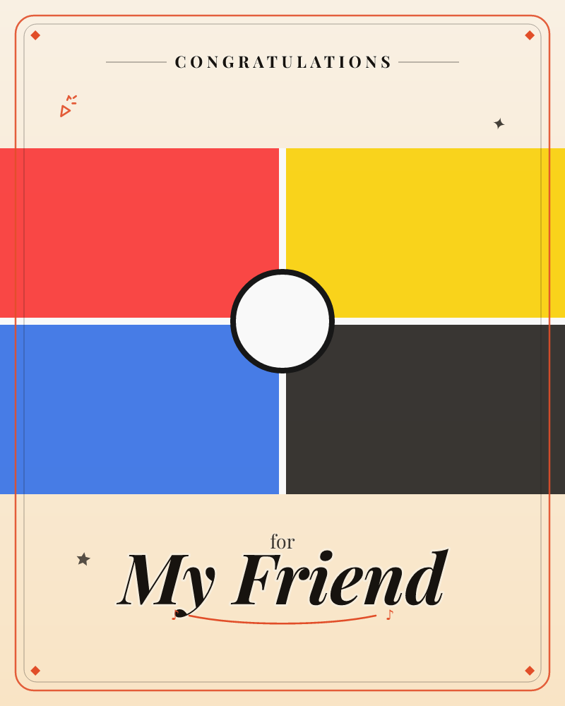 A four-square grid in red, yellow, blue, and charcoal sits centred on a soft warm-grey backdrop, with a plain white circle marking the point where all…, a congratulations e-card design by @DittyCityTeam