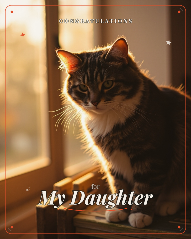 A tabby cat sits perched on a wooden ladder-back chair by a sunlit window, its fur rimmed with golden backlight and its ears glowing amber in the low…, a congratulations e-card design