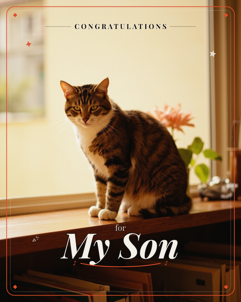 A tabby cat sits upright on a wooden windowsill, bathed in warm afternoon light, gazing steadily at the camera, a congratulations e-card design