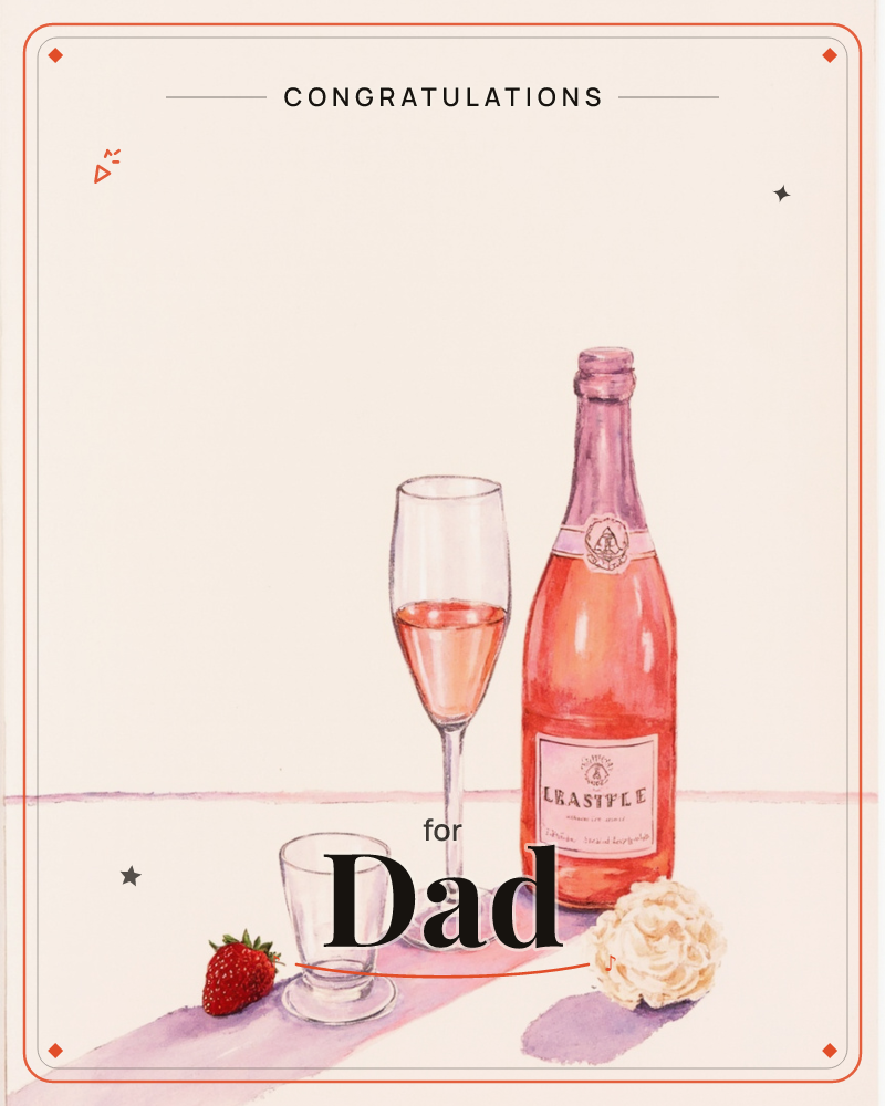 A still-life watercolour shows a bottle of rosé sparkling wine beside a filled champagne flute, a small empty glass, a single strawberry and a…, a congratulations e-card design