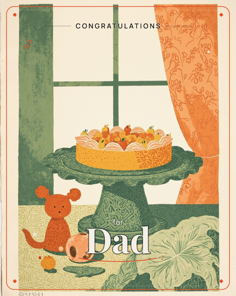 A fruit-topped cake sits on an ornate green pedestal stand in front of a window, framed by a patterned rust-orange curtain and a leafy potted plant, a congratulations e-card design