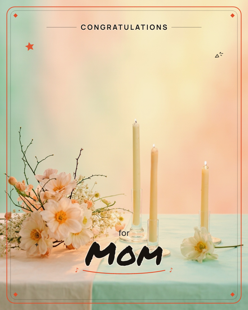 A pastel tablescape shows three slim taper candles glowing softly beside a loose arrangement of blush and cream blooms with bare twiggy branches, a congratulations e-card design