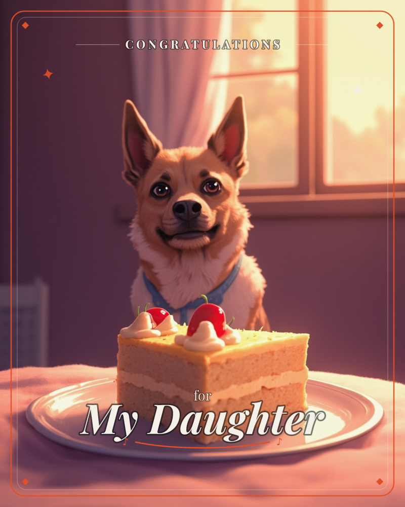 A dog with perked ears sits at a table, gazing eagerly at a slice of layered cake topped with whipped cream and strawberries, a congratulations e-card design