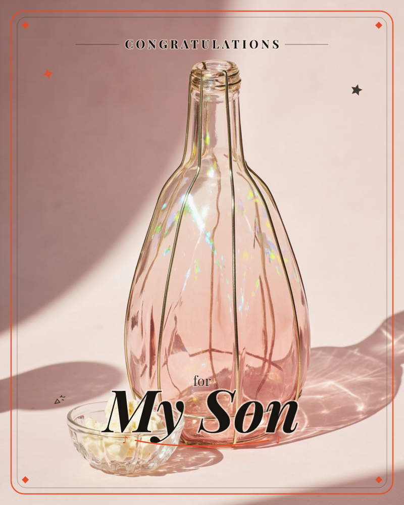 A rounded pink glass bottle caged in a thin gold wire frame sits in raking sunlight, casting a long soft shadow across a blush pink surface, a congratulations e-card design