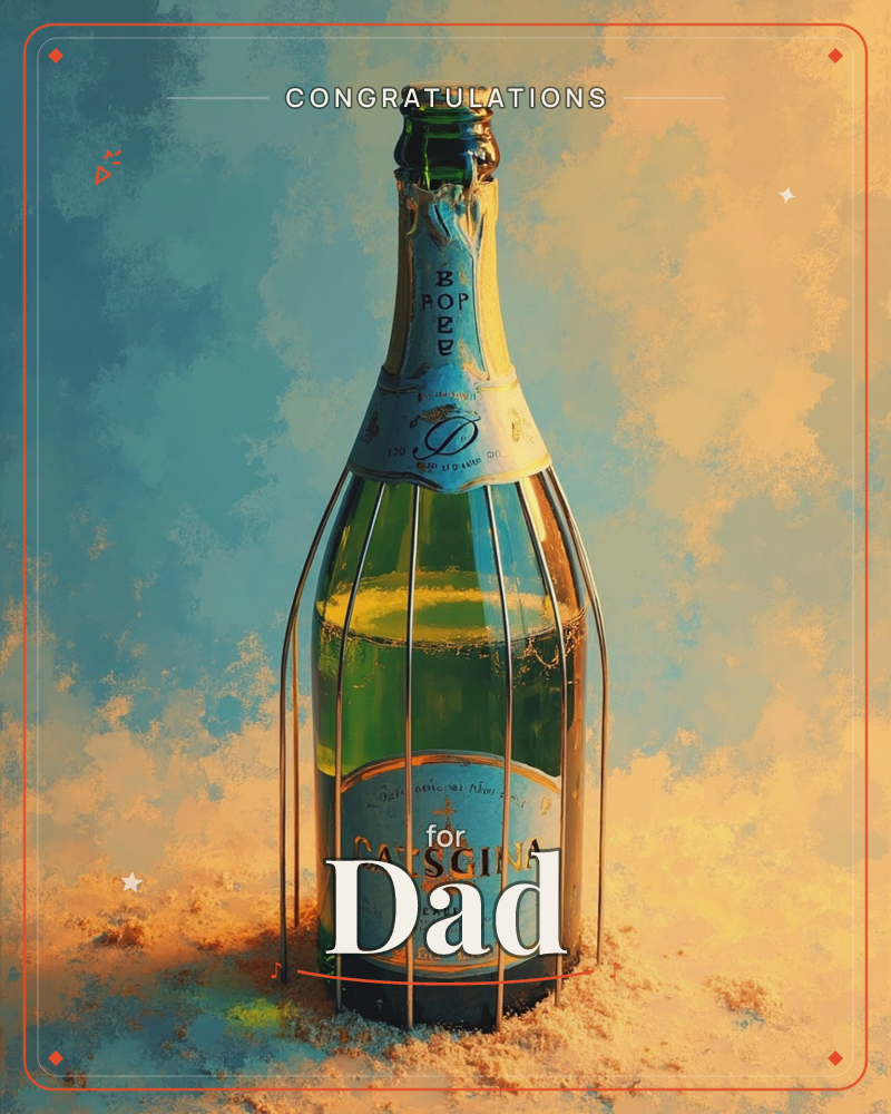 A single bottle of champagne stands wrapped in its wire cage, glowing green and gold against a textured sky of dusty blue and warm amber clouds, a congratulations e-card design