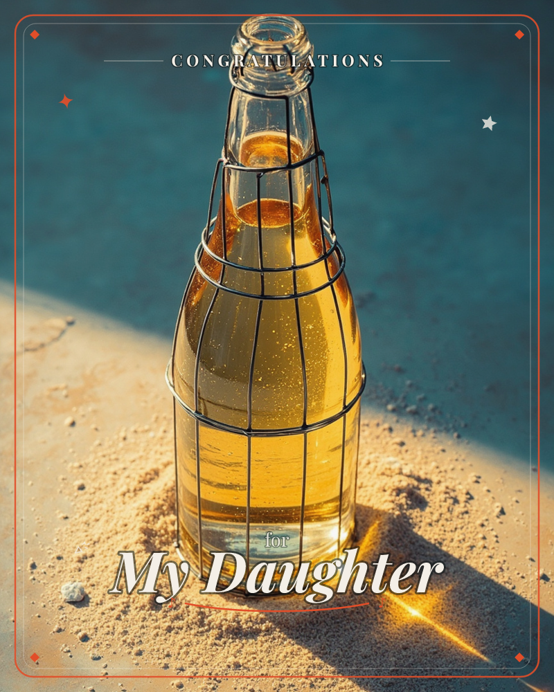 A glass bottle of golden liquid sits wrapped in a fine wire cage, glowing amber where a shaft of sunlight cuts across a gritty, sand-dusted surface, a congratulations e-card design