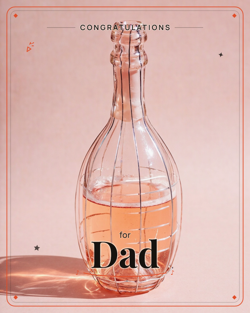 A ribbed glass bottle stands half-filled with pale rosy liquid, its surface catching soft studio light against a dusty pink backdrop, a congratulations e-card design