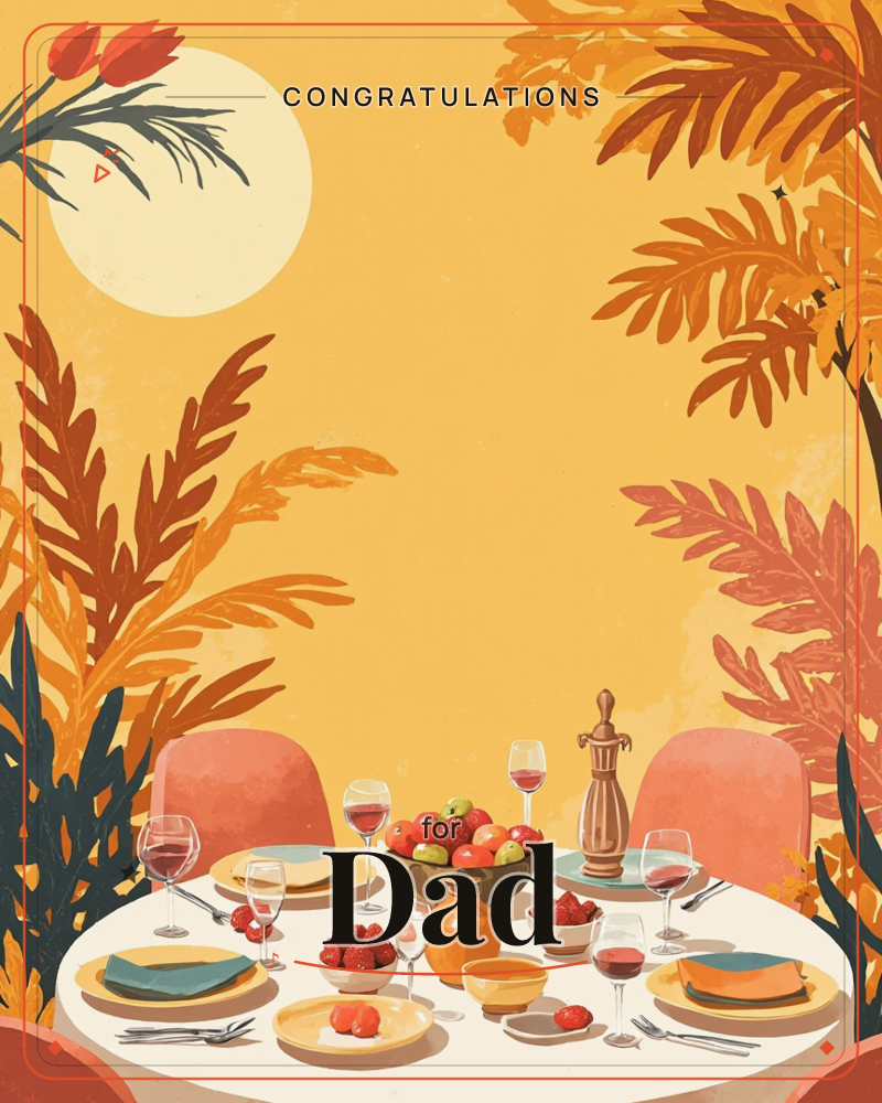 A round table is set for a gathering beneath a warm golden sky, with a pale sun glowing behind fronds of autumn-toned foliage, a congratulations e-card design