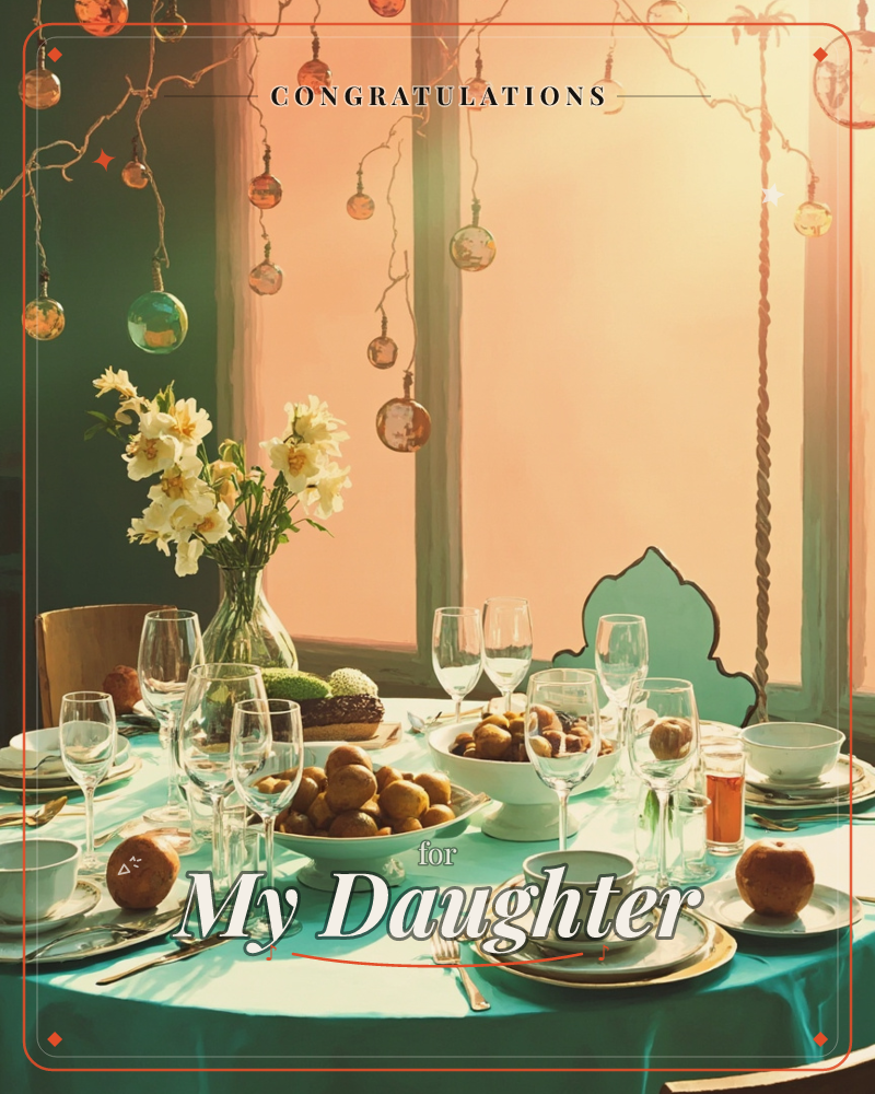 A festive table is dressed in teal linen beneath a glowing amber window, set with white china, gold-rimmed plates, and rows of crystal glasses, a congratulations e-card design
