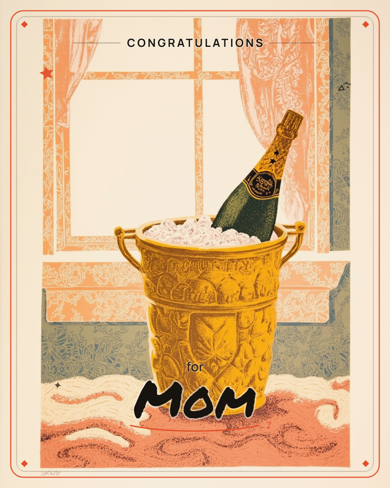 A dark green champagne bottle with a gold-foiled neck sits chilling in a mound of ice inside an ornate golden urn-shaped bucket, positioned on a…, a congratulations e-card design
