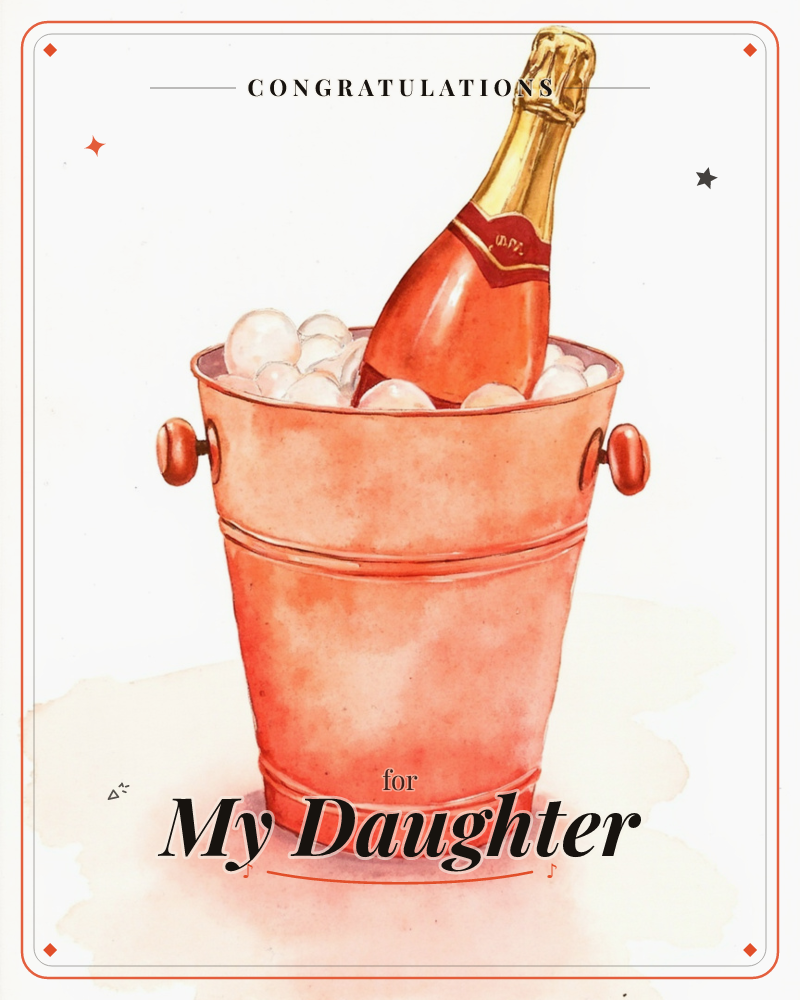 A coral-pink metal bucket holds a chilled bottle of sparkling wine nestled in rounded ice cubes, its foil-topped neck catching a warm golden light, a congratulations e-card design