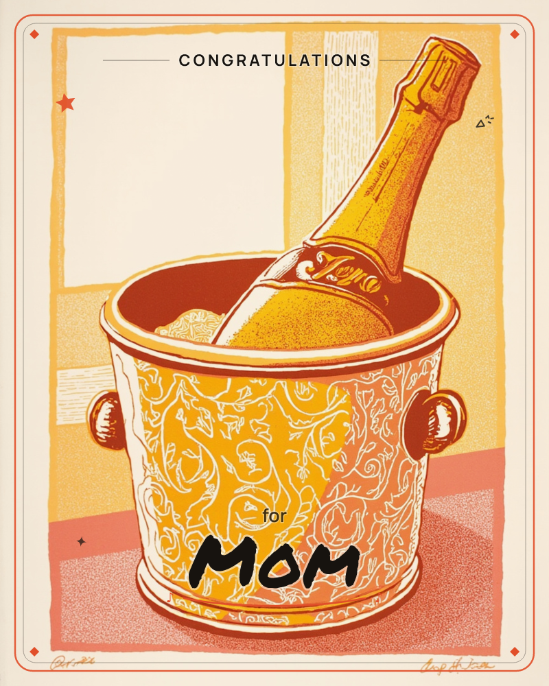 A champagne bottle leans in an ornate ice bucket etched with swirling floral patterns, set against a warm wall of amber-toned window panes, a congratulations e-card design