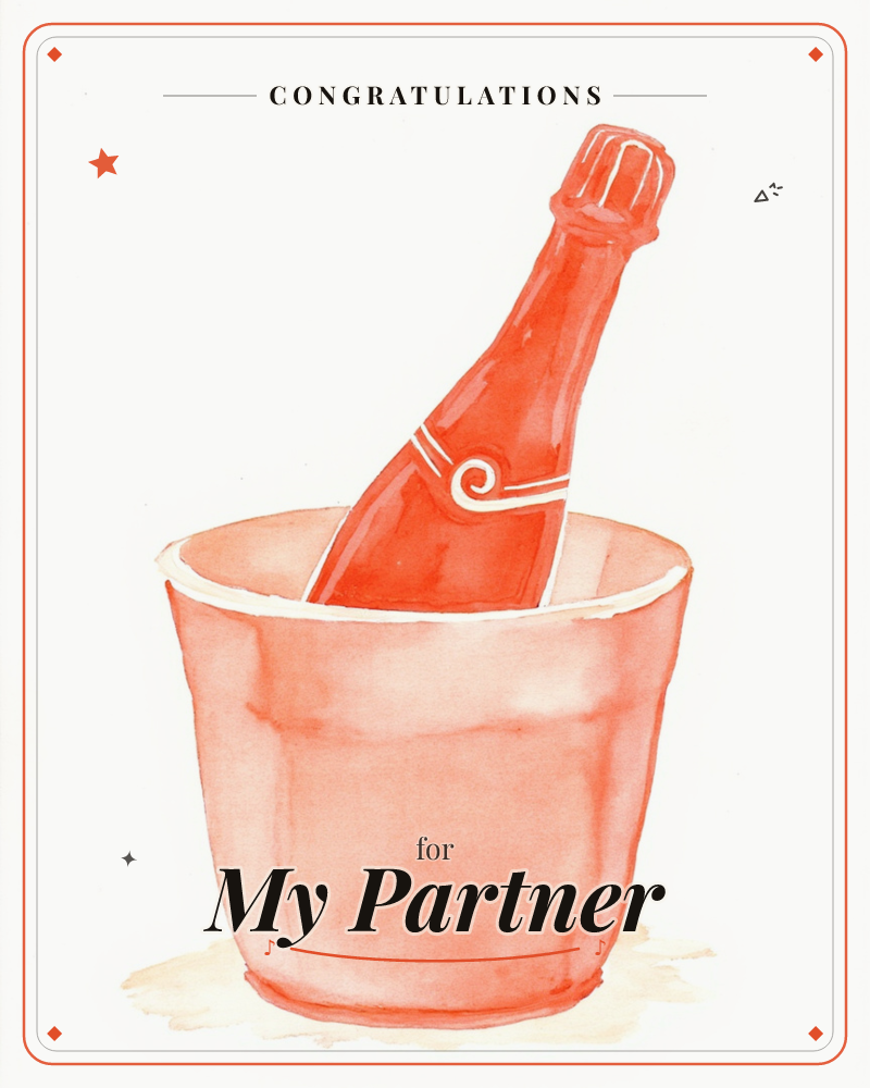 A single champagne bottle leans in an ice bucket, rendered entirely in warm coral-orange washes against a plain white background, a congratulations e-card design